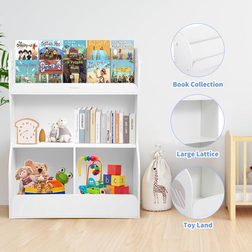 Asweets 2 in 1 Kids Bookshelf & Montessori Toy Storage Cubby, 3 Tiers Children Wooden Bookcase, Fit for Kids Room, Playroom, Kindergarten, Nursery, 31.5''L x 14.6''W x 39.4''H (White)