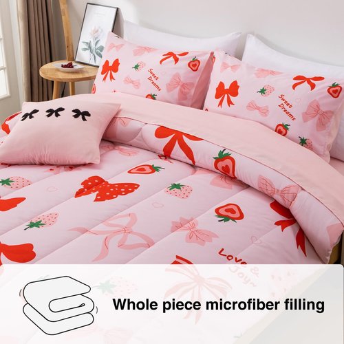 A Nice Night Red Bow Comforter Set,6 Piece Bed in a Bag Matching Sheet Set,Cute Ribbon Bowknot Bedding Sets,Princess Style Strawberry Printed,Light Pink Room Decor for Girls,Twin
