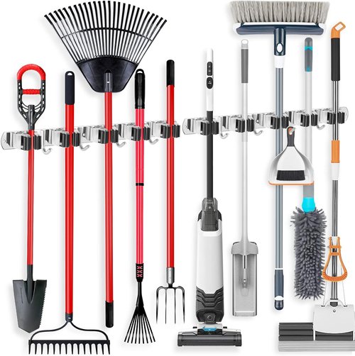 IMILLET Wall Mount Broom Holder - Stainless Steel Organizer with 5 Racks & 4 Hooks | Heavy Duty Storage Solution for Laundry Room & Garage