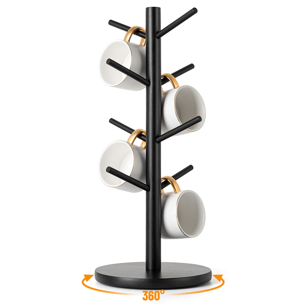 MyLifeUNIT Mug Holder Tree, 360° Rotated Coffee Cup Holder with 8 Hooks, Wooden Mug Rack Stand for Counter Top, Coffee Bar Accessories (Black)