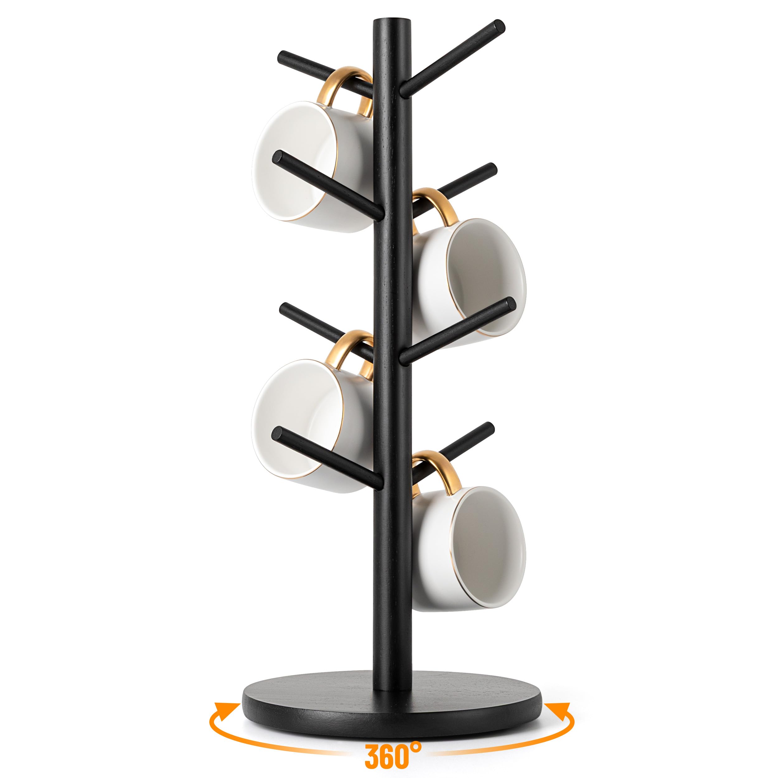 MyLifeUNIT Mug Holder Tree, 360° Rotated Coffee Cup Holder with 8 Hooks, Wooden Mug Rack Stand for Counter Top, Coffee Bar Accessories (Black)