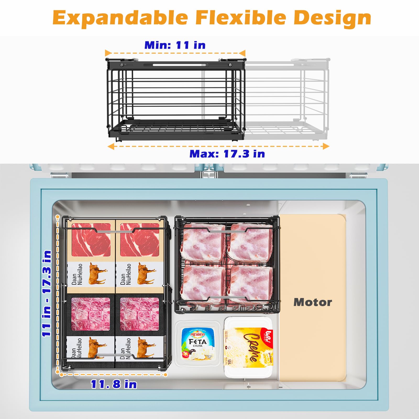 NADAMOO Freezer Organizer Bins, 4 Packs Large Expandable Stackable Chest Freezer Containers with Handle, Metal Adjustable Storage Baskets for Fridge, Deep Freezer, Cabinet, Kitchen, Pantry - Black