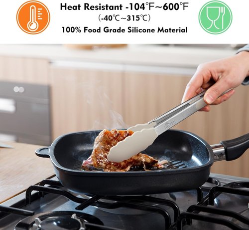 HOTEC Premium Stainless Steel Kitchen Tongs - Locking Design with Silicone Tips, Set of 2 (9" & 12")