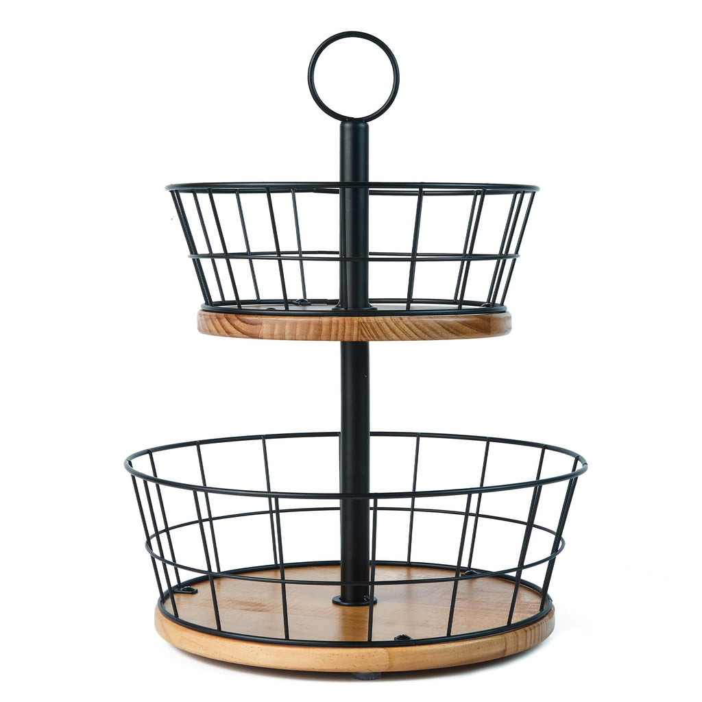 WILDMOS 2 Tier Fruit Bowl - Sturdy Iron Wire Fruit Basket with Real Wood Base, 12 Inch Large Fruit Basket for Kitchen Counter, Anti-Slip Silicone Pads, 2 Tier Fruit and Vegetable Storage Solution