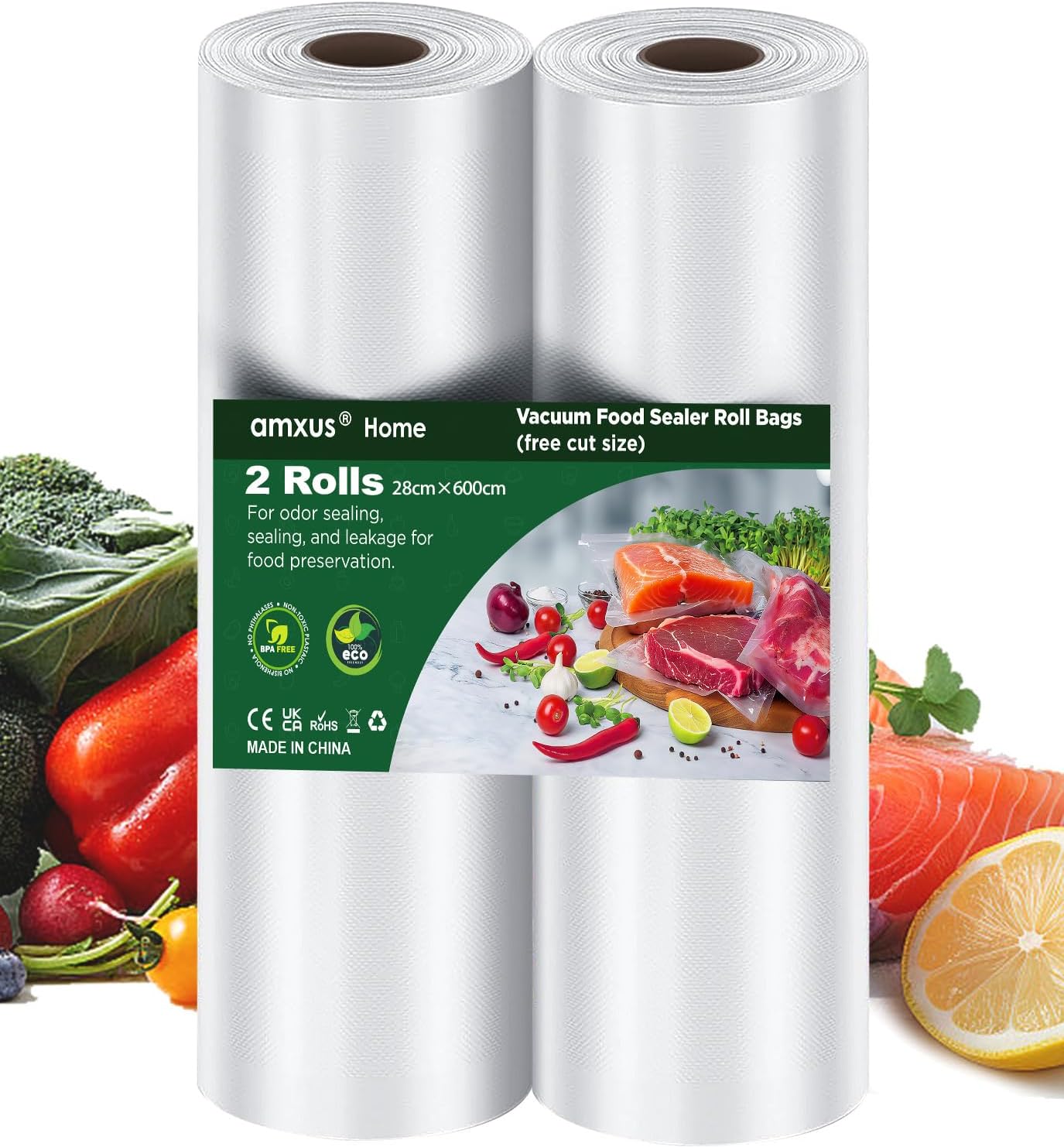 Amxus Vacuum Sealer Bags - Heavy Duty BPA-Free Food Storage | 2 Rolls 28CM x 6M for Portion Control