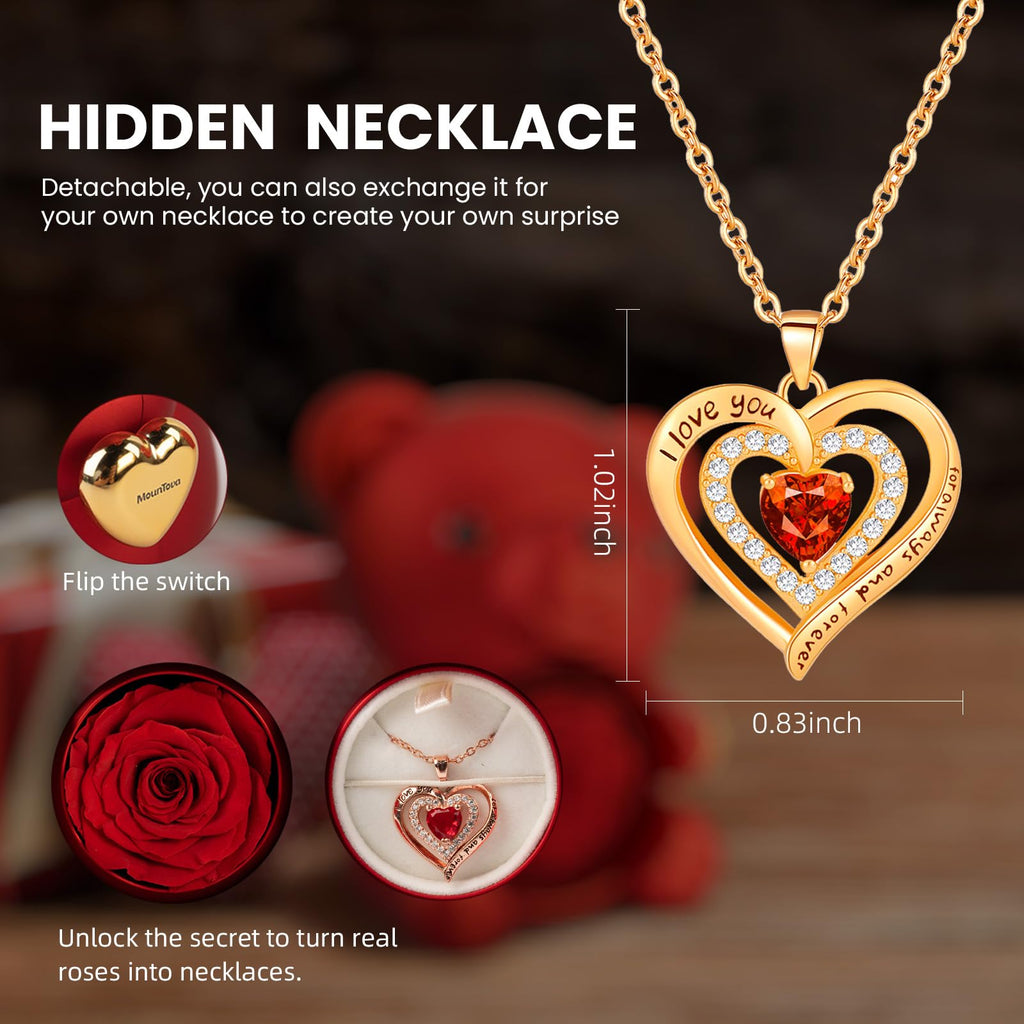 mountova Romantic Teddy Bear with Preserved Rose, Real Rose in Elegant Gift Box with Necklace for Women, Bear Roses Gifts for Mother's Day,Weddings,Valentine's Day,Anniversary,Birthday, Red