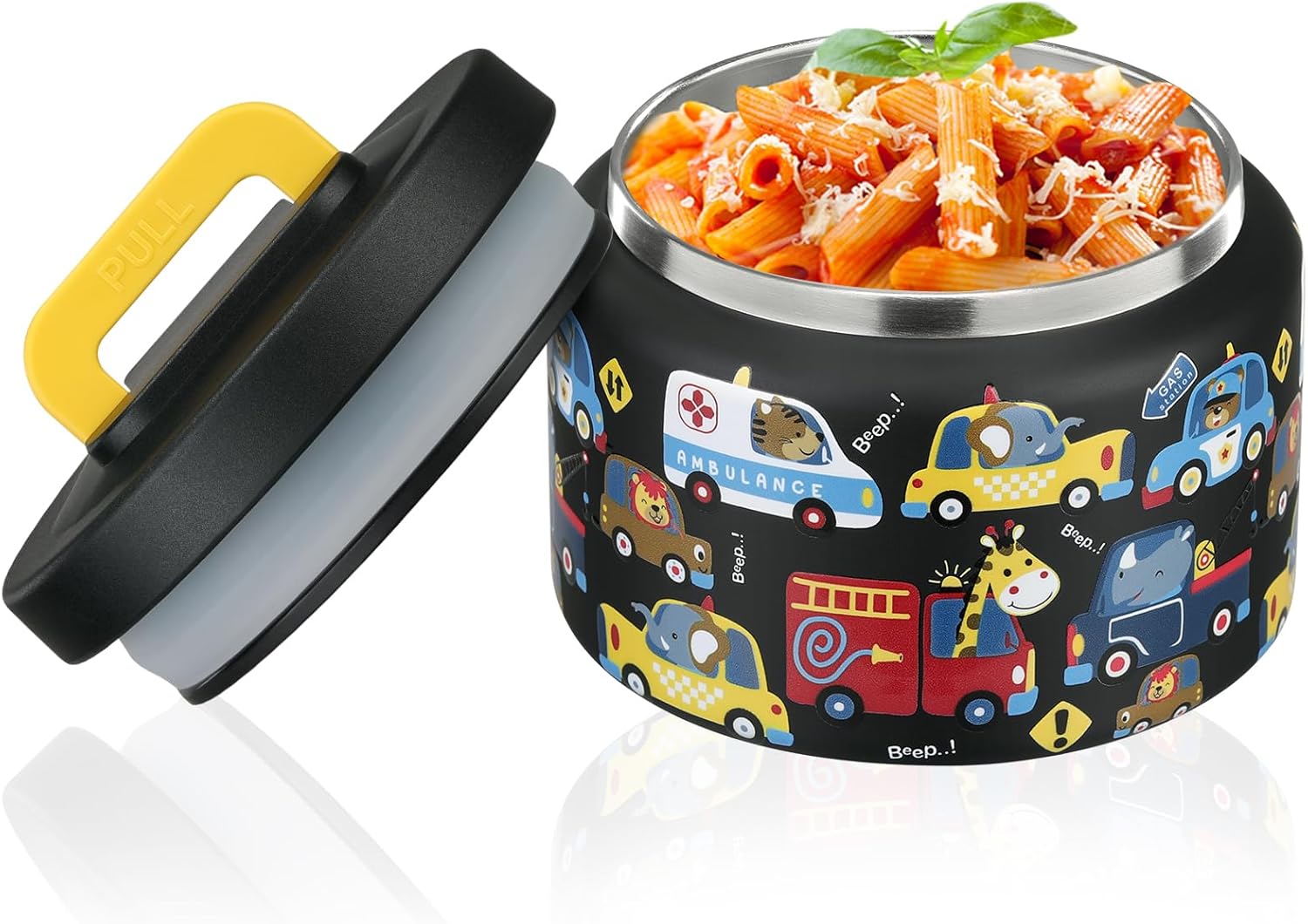 PIQUEBAR Kids Thermos - 8oz Stainless Steel Food Container with Easy Open Wide Mouth | Black Animal Truck