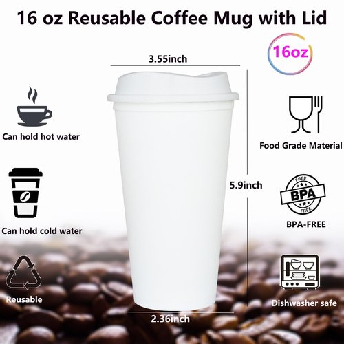 Alohastarttg 20 Pack Reusable Coffee Cups with Lids 16 oz Plastic Tumblers Travel Mug Iced Coffee Cup for Adults and Women Hot and Cold Drinks, Microwaveable (White)