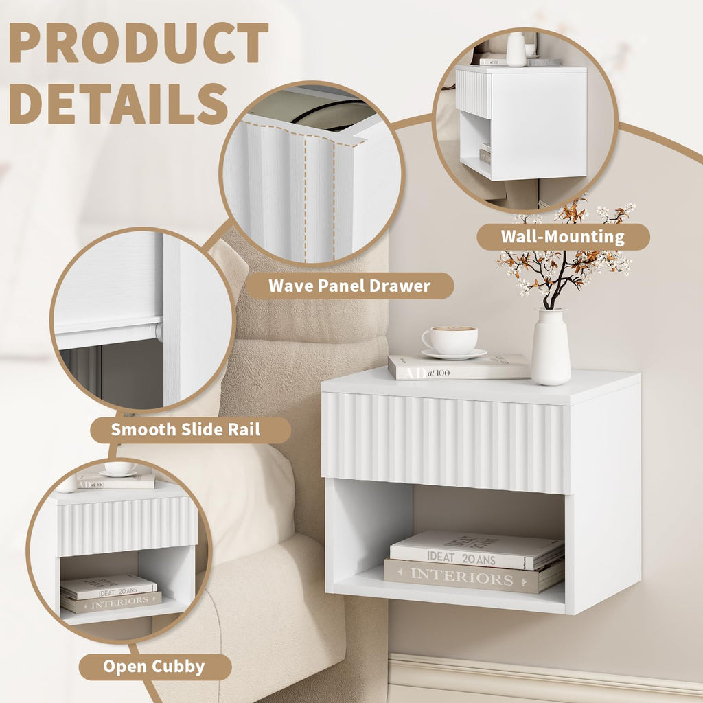 AURINEST Floating Nightstand Set of 2, Modern Wall Mounted Bedside Tables with Fluted Drawer, Night Stand Small End Table with Open Storage Shelf for Bedroom, Living Room, Small Spaces, White