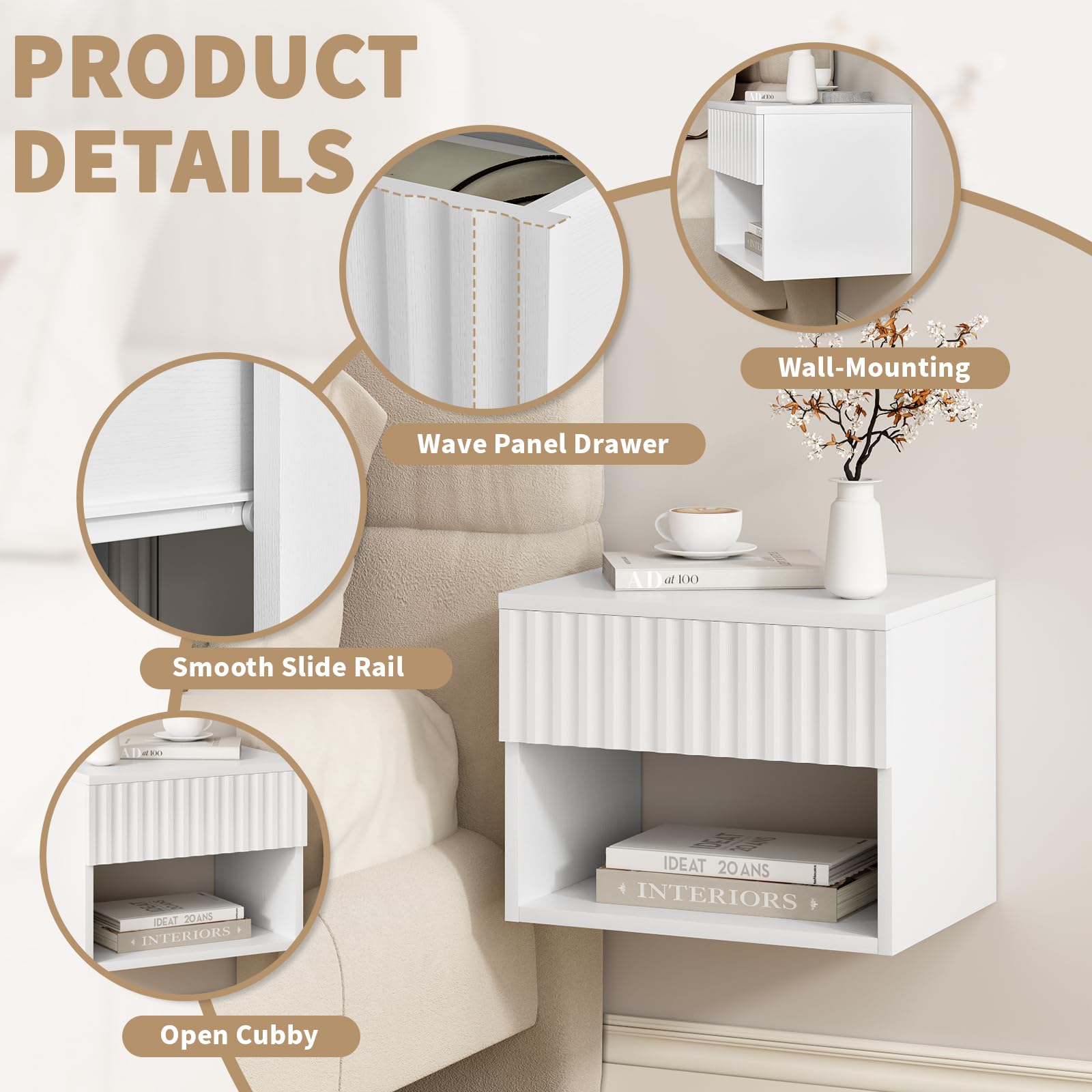 AURINEST Floating Nightstand Set of 2, Modern Wall Mounted Bedside Tables with Fluted Drawer, Night Stand Small End Table with Open Storage Shelf for Bedroom, Living Room, Small Spaces, White