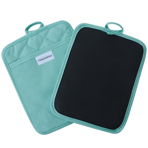 Camruntius Kitchen Pot Holders, 7"x9", Rectangular with Pocket, Cotton and Neoprene Heat-Resistant Potholders for Cooking and Baking, Machine Washable, 3-Piece Set (Sky Blue)