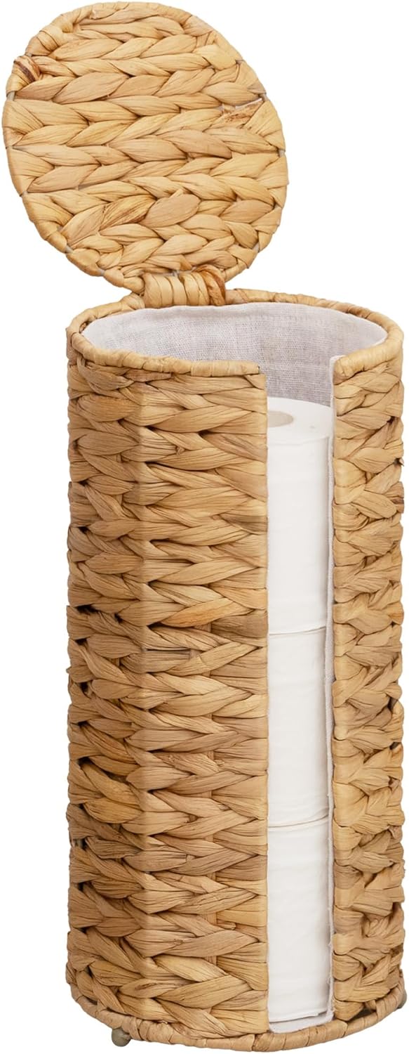 StorageWorks Toilet Paper Holder Stand - Free Standing Water Hyacinth Design with Lid for 3 Rolls