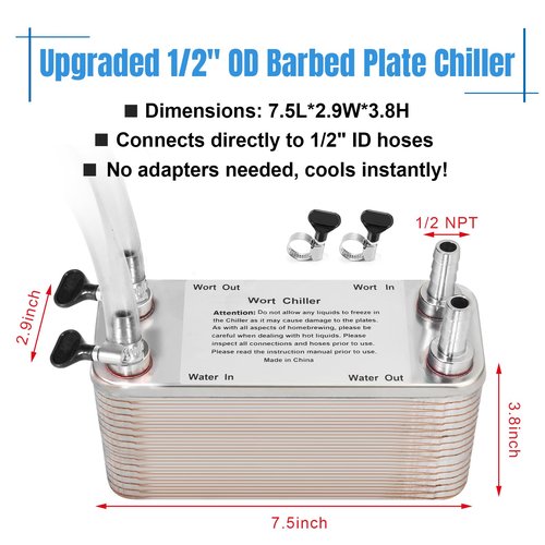FERRODAY 40 Plate Wort Chiller, 1/2 Barb Fitting Brazed Plate Heat Exchanger, Stainless Steel Homebrew Plate Wort Chiller, Beer Chiller Wort Cooler Heat Exchanger For Brewing-7.5" x 3.8"