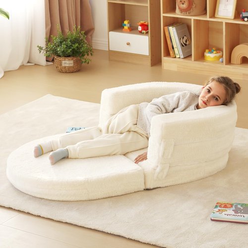 Welnow Travel Toddler Bed, 3-in-1 Convertible Toddler Portable Floor Beds, Kids Flip Out Foldable Sofa Bed with Washable Cover & High-Density Foam for Girls and Boys, Beige