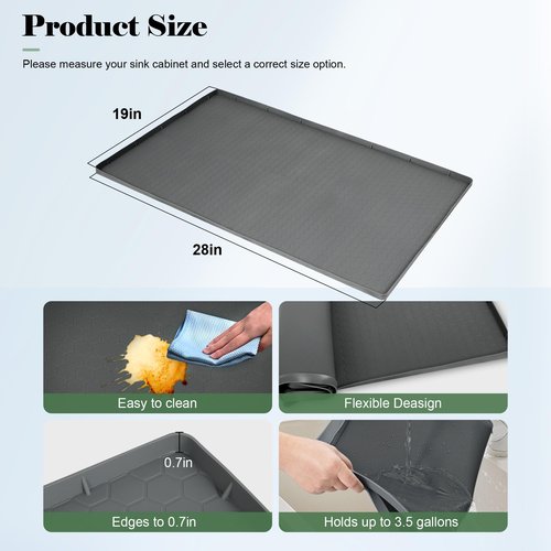 25” x 19” Silicone Under Sink Mat for Bathroom/Kitchen Cabinet Organizer Mat | Leak-Proof Waterproof Liner Pad & Anti-Spill Tray | 0.7in Edge Barrier, 3.5Gal Capacity