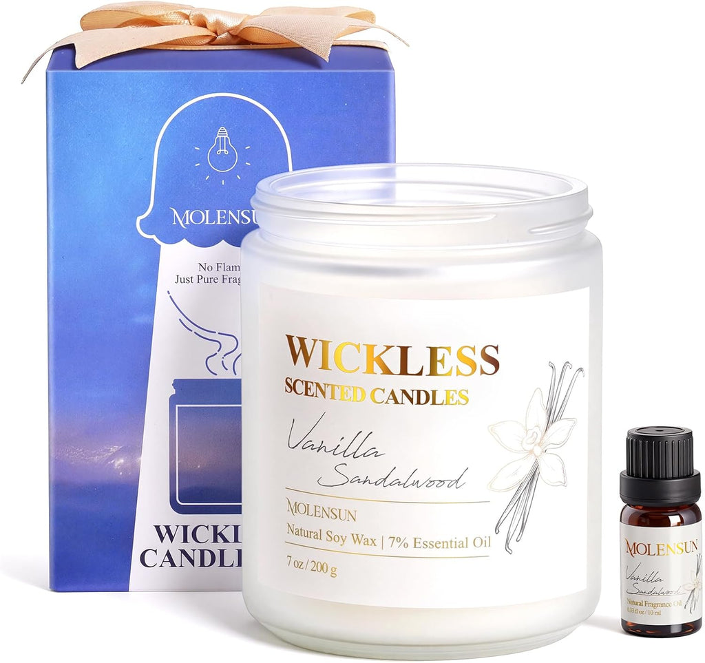 Skiennix Wickless Vanilla Sandalwood Candle - Flameless Non-Toxic Soy Scented with 10ml Essential Oil | Perfect for Home & Gifts