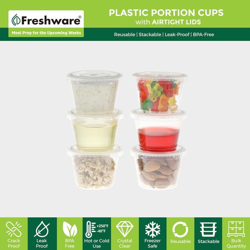 Freshware Portion Cups - 1 Ounce Disposable Plastic Cups with Lids for Meal Prep & Sauces | 100 Sets
