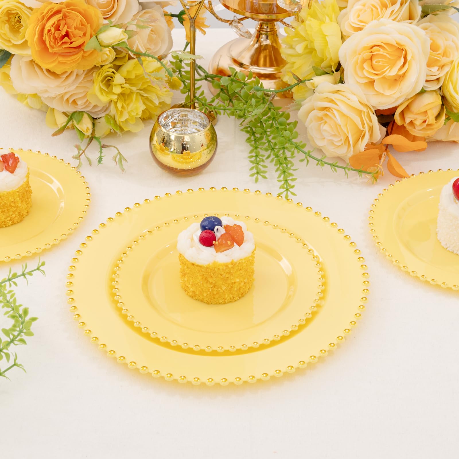 Supernal 100pcs Yellow Plastic Plates,Heavy Duty Plastic Plates,Yellow Party Decorations with Gold Beaded Including 50 Dinner Plate and 50 Disposable Dessert Plate,Pretty Disposable Platos for Wedding