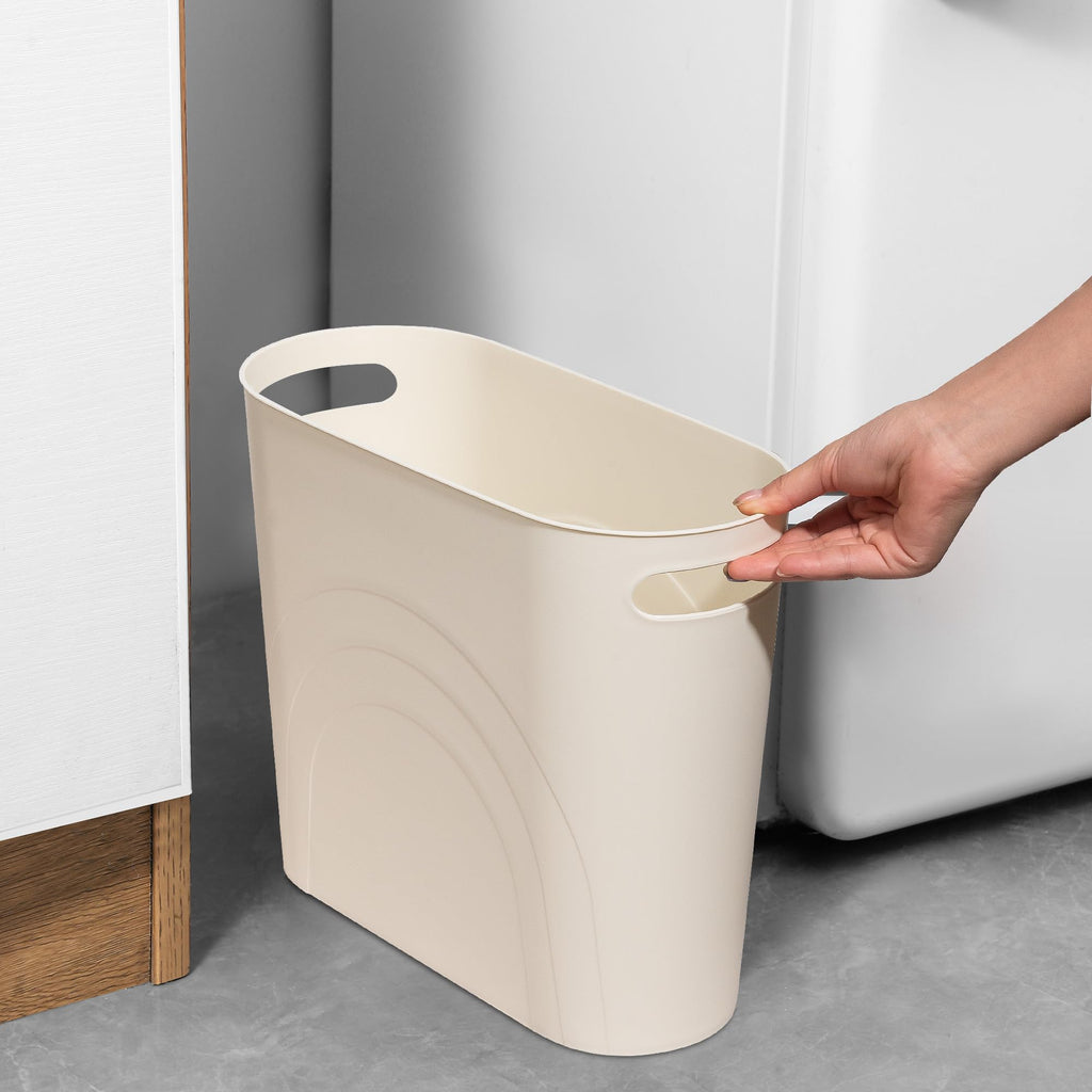 rejomiik Small Trash Can, 3.5 Gallon Slim Garbage Can Plastic Waste Basket with Handles Container Bin for Narrow Spaces Bathroom, Bedroom, Kitchen, Office at Home, Cream