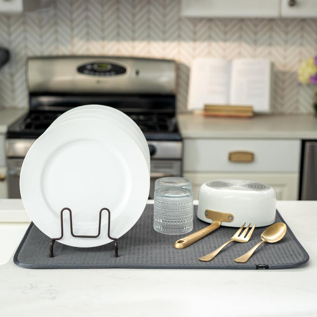 S&T INC. Dish Drying Mat - 18" x 24" Charcoal with White & Bamboo Soap Dispenser Bundle
