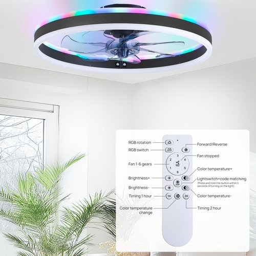 ORITHAM RGB Ceiling Fans with Lights, 20" Fandelier Low Profile Ceiling Fan with Light, Modern Flush Mount Ceiling Fan Light with Remote/APP Control, Bedroom Chandelier Fan Fixture for Indoor(Black)