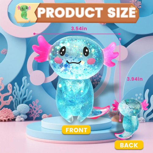 Axolotl Squishy Stress Relief Toy - Glitter Fidget Toy for Kids & Adults | Blue Color, Anxiety Relief