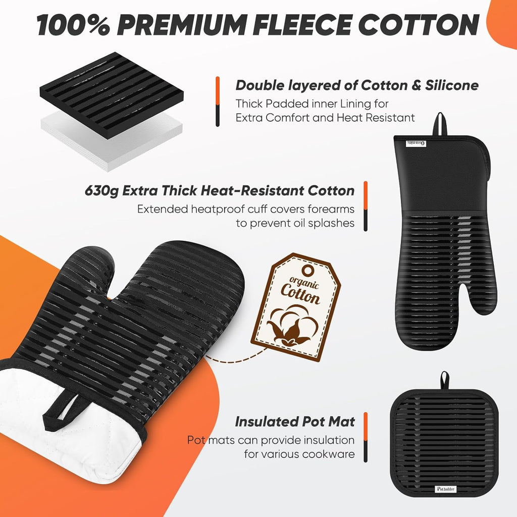 Skiennix Oven Mitts Set - 500°F Heat Resistant Gloves with Silicone Grip & Kitchen Towels | 2 Gloves, 2 Potholders, 4 Towels