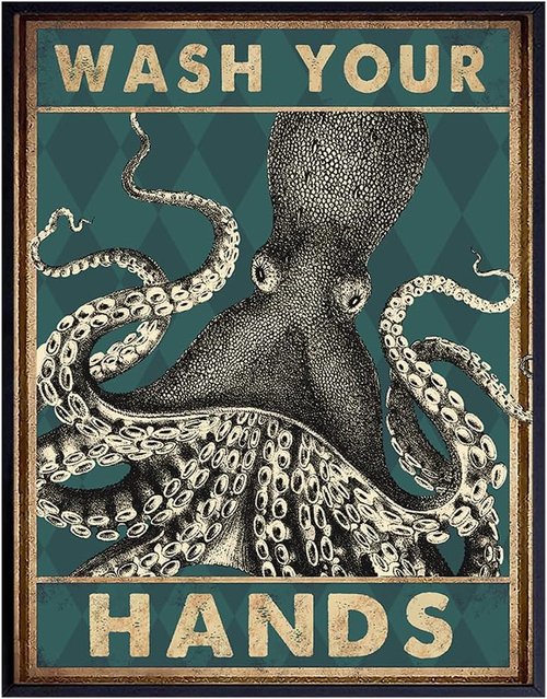 Coastal Nautical Bathroom Wall Art | Beach Octopus Decor - Funny Wash Your Hands Sign - 11x14