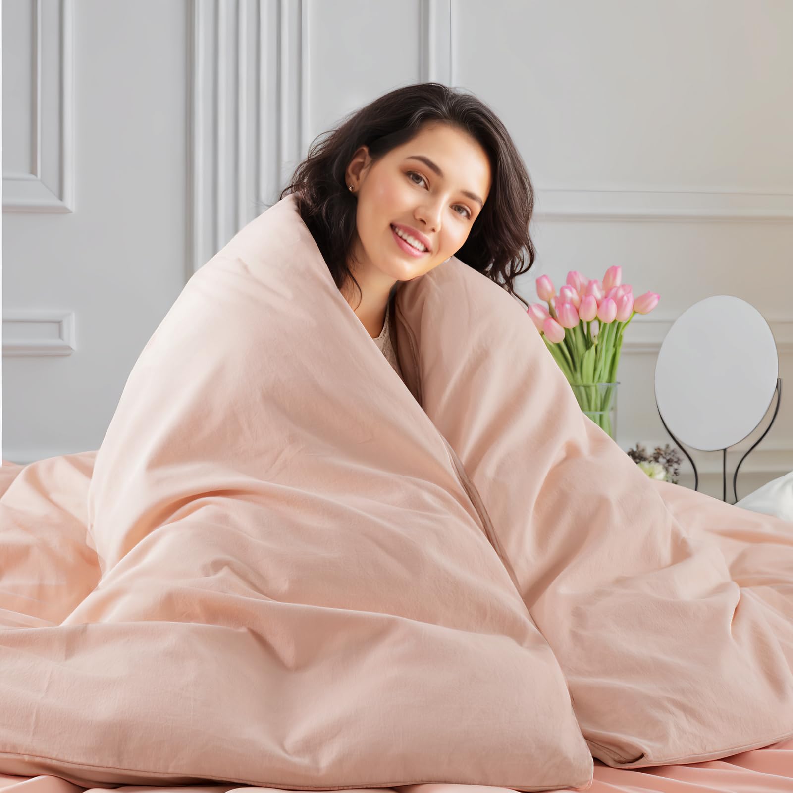 NEXHOME PRO Duvet Cover Set Kids Twin Size Linen Feel Textured Organic Natural 100% Washed Cotton Duvet Cover 2 Pieces Bedding Set with Zipper Closure, Breathable, Dusty Pink(No Comforter)