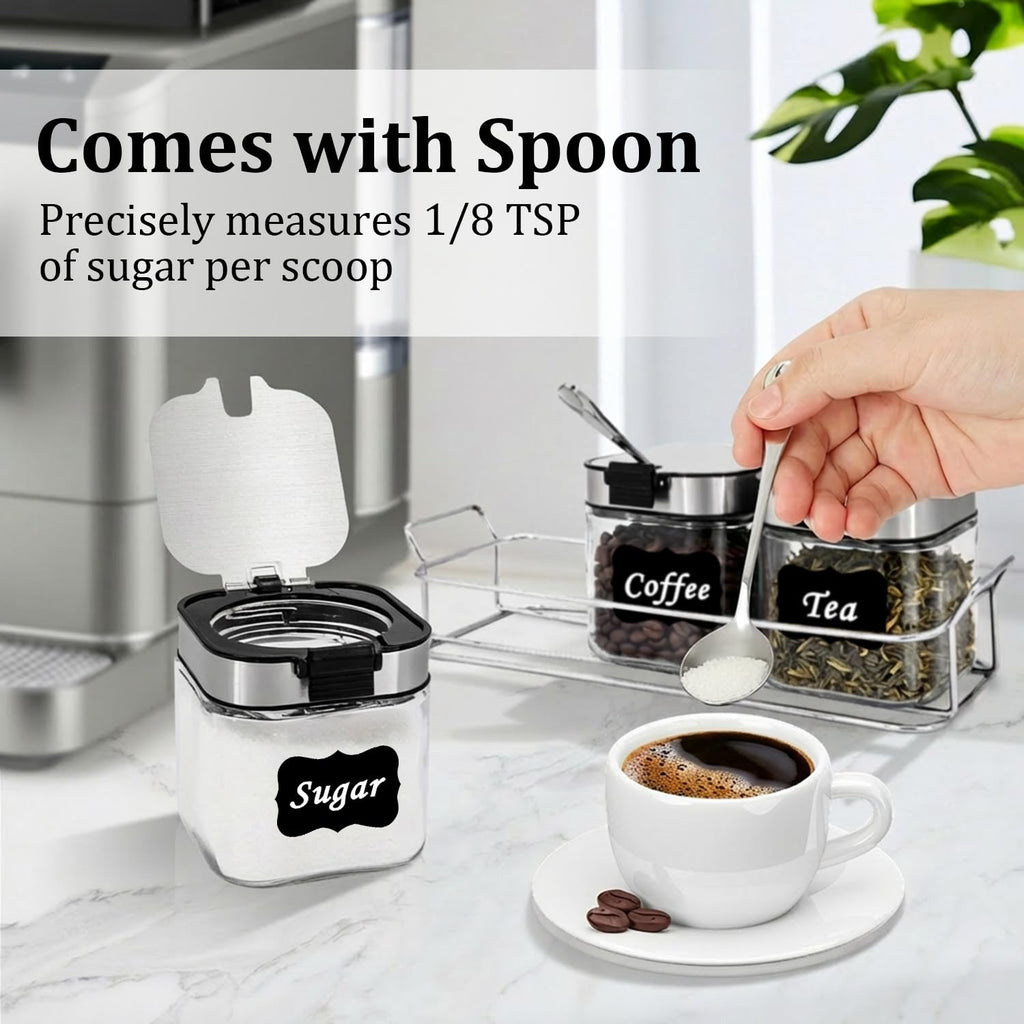 Aelga Glass Sugar Canister Set with Lid, Spoons and Rack, 3 Pack Sugar Container for Coffee Bar, Stainless Steel Flip-Top Lid, Salt and Spice Jar for Kitchen Countertop, Coffee Bar Accessories