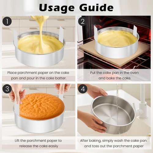 tutikuki 8 Inch Cake Pan - 3PCS Stainless Steel Round Layer Cake Baking Pans with 100 PCS Parchment Paper, Round Bakeware for Party Birthday Wedding, Mirror Finish & Dishwasher Safe