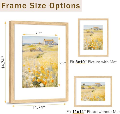 JCJMY 11x14 Solid Wood Picture Frame - Display 8x10 with Mat or 11x14 Without | Natural Finish, Shatter-Resistant Plexiglass