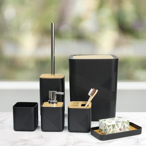 CERBIOR 6-Piece Bamboo Bathroom Accessories Set - Stylish Soap Dispenser, Toothbrush Holder & More | Black