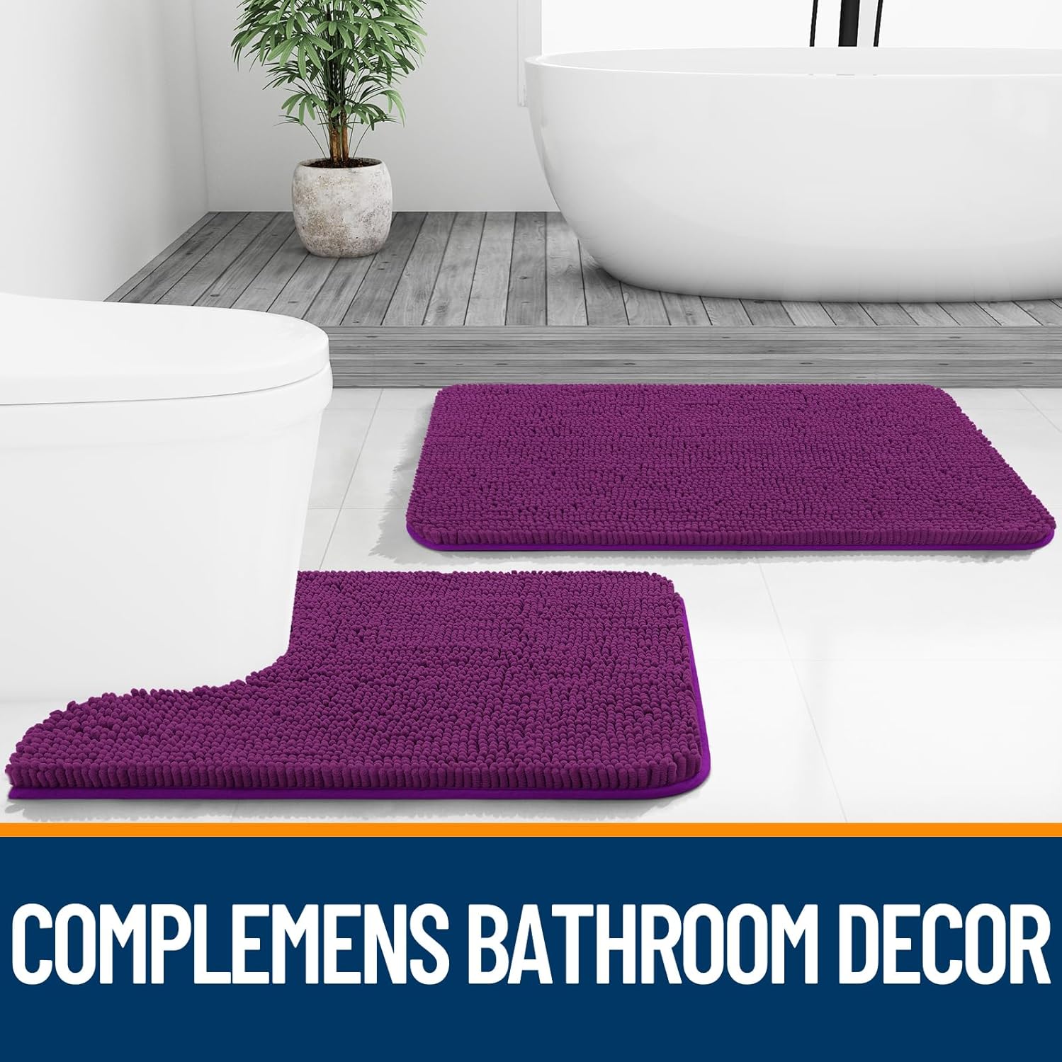 OLANLY U-Shaped Toilet Rug - Extra Soft Chenille Bathroom Mat, Quick-Dry & Non-Slip - 24x20, Purple
