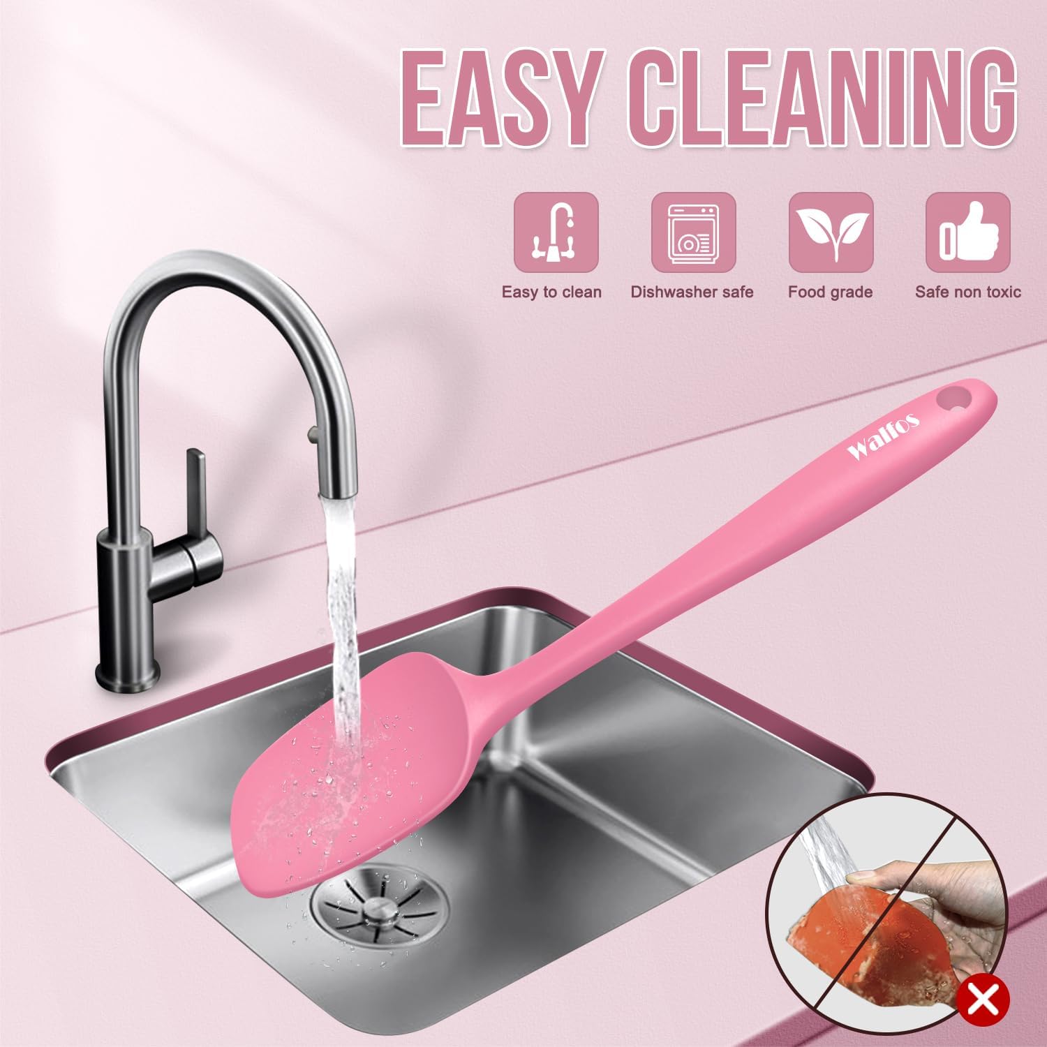 Walfos Silicone Spatula Set of 5 | High Heat Resistant Kitchen Scrapers - BPA Free, Pink, Seamless Design