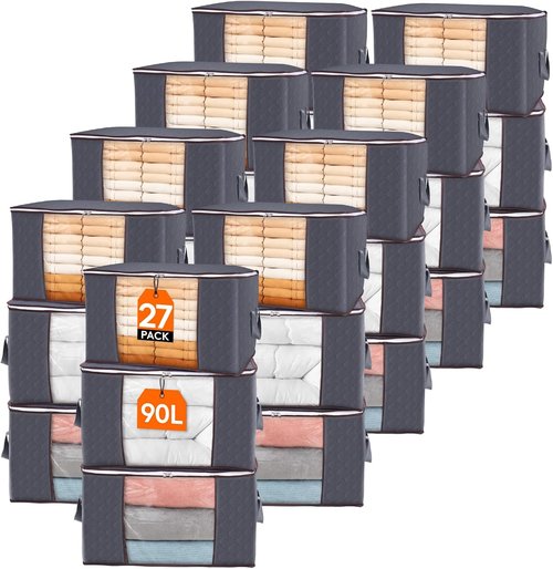 Lifewit 27-Pack 90L Clothes Storage Bins - Foldable Blanket Bags with Zippers & Clear Window