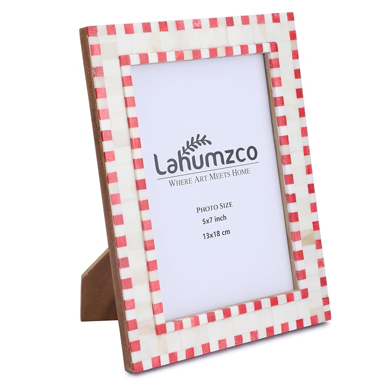Bone-Inlay 5x7 Photo Frame with Red Checkered Pattern - Tabletop/Wall Decor, Handmade