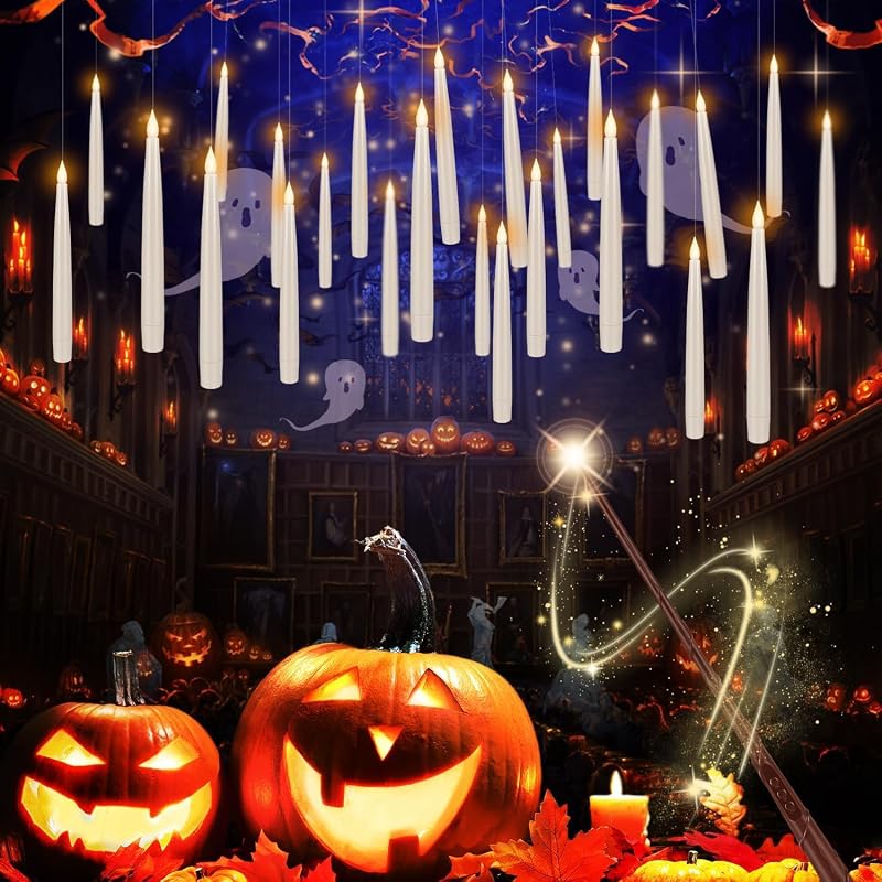 White 24-Pack Floating LED Candles with Magic Wand - Flameless Taper Candles for Halloween & Holiday Decor