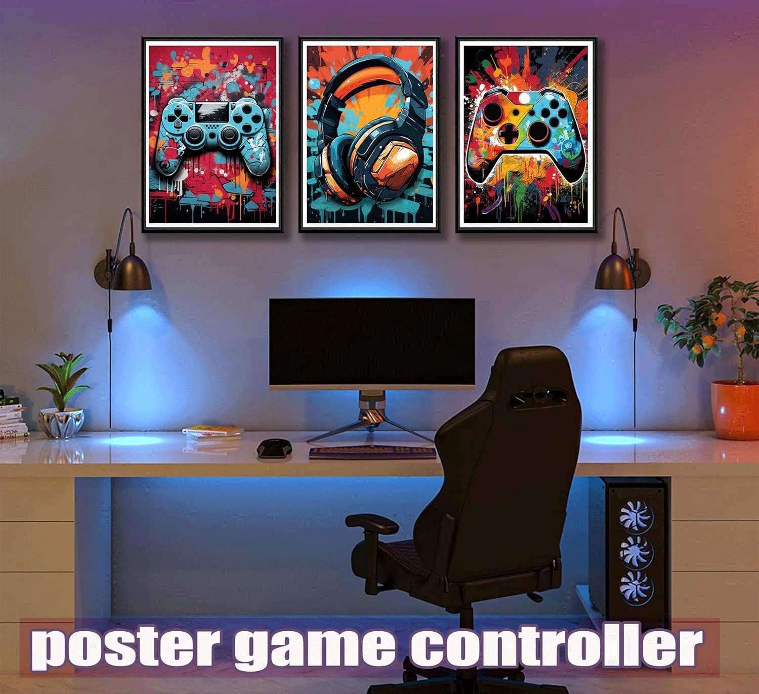 PPV Retro Video Game Wall Art - 3Pcs Colorful Neon Gamepad Canvas Prints for Boys' Room | 16x24in Unframed