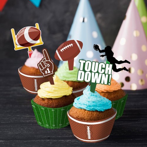 48 Pcs Football Cupcake Toppers and Wrappers Set, Football Theme Birthday Party Decorations Supplies