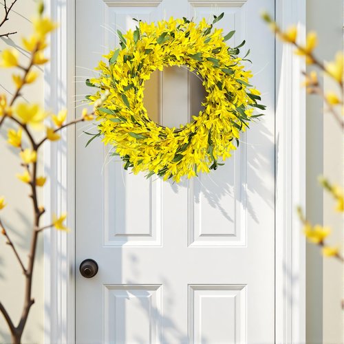 LOKEISNA Yellow forsythia Door Wreath, 24 Inch Summer Wreaths for Front Door Outside, Hand Made Artificial Forsythia Flower Wreath for Front Door Window Wall Farmhouse Home Gift