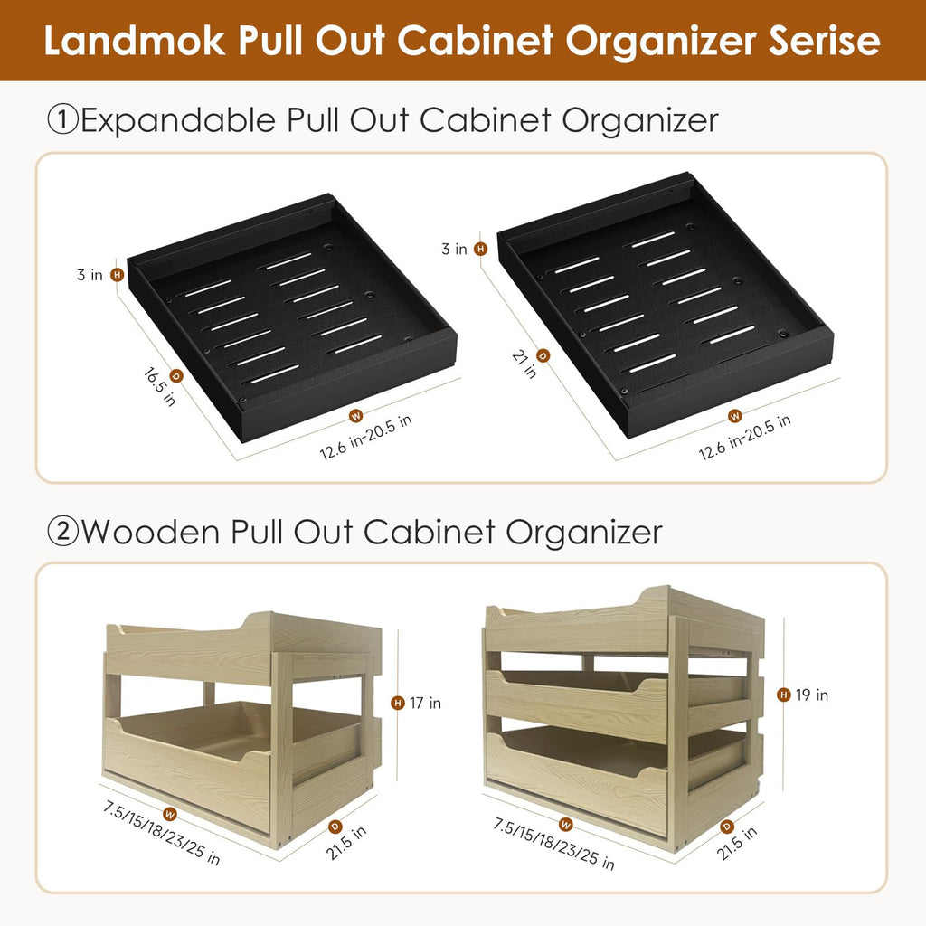 Landmok 2 Pack Expandable Pull Out Cabinet Organizer 16.5" Deep, Adjustable Width 12.6"-20.5", No Drill Adhesive with Triple Track Rails, Heavy Duty Slide Out Drawers for Kitchen,Pantry,Cabinets,Black