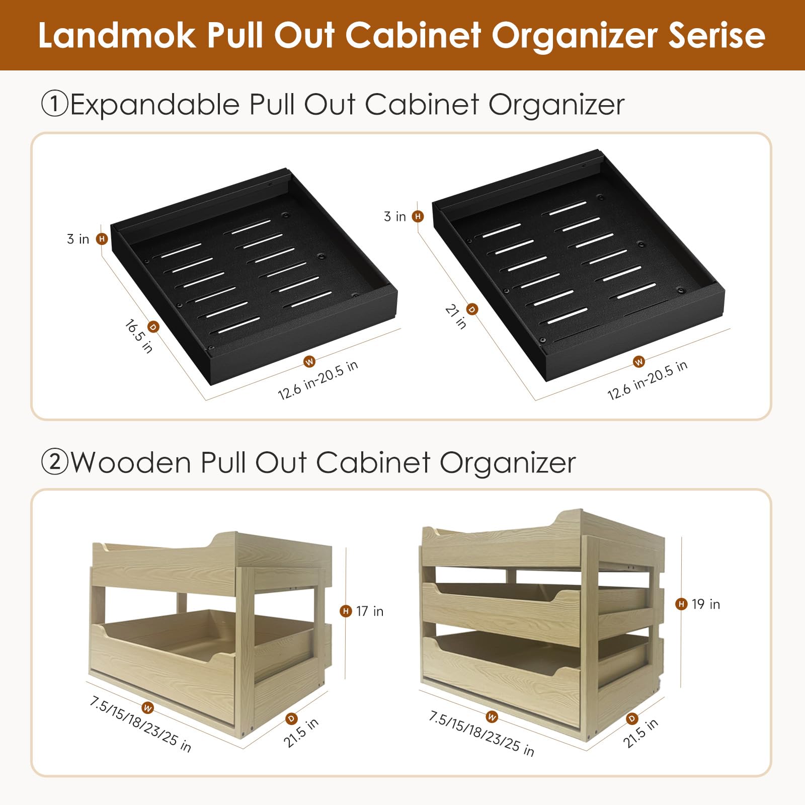 Landmok 2 Pack Expandable Pull Out Cabinet Organizer 16.5" Deep, Adjustable Width 12.6"-20.5", No Drill Adhesive with Triple Track Rails, Heavy Duty Slide Out Drawers for Kitchen,Pantry,Cabinets,Black