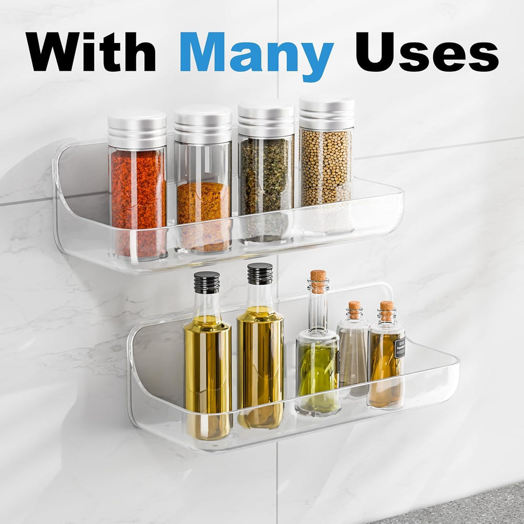 Kawfle Adhesive Shower Caddy, 4 Pack Acrylic Bathroom Shelves, No Drill Wall Mount Organizer Storage Shelf