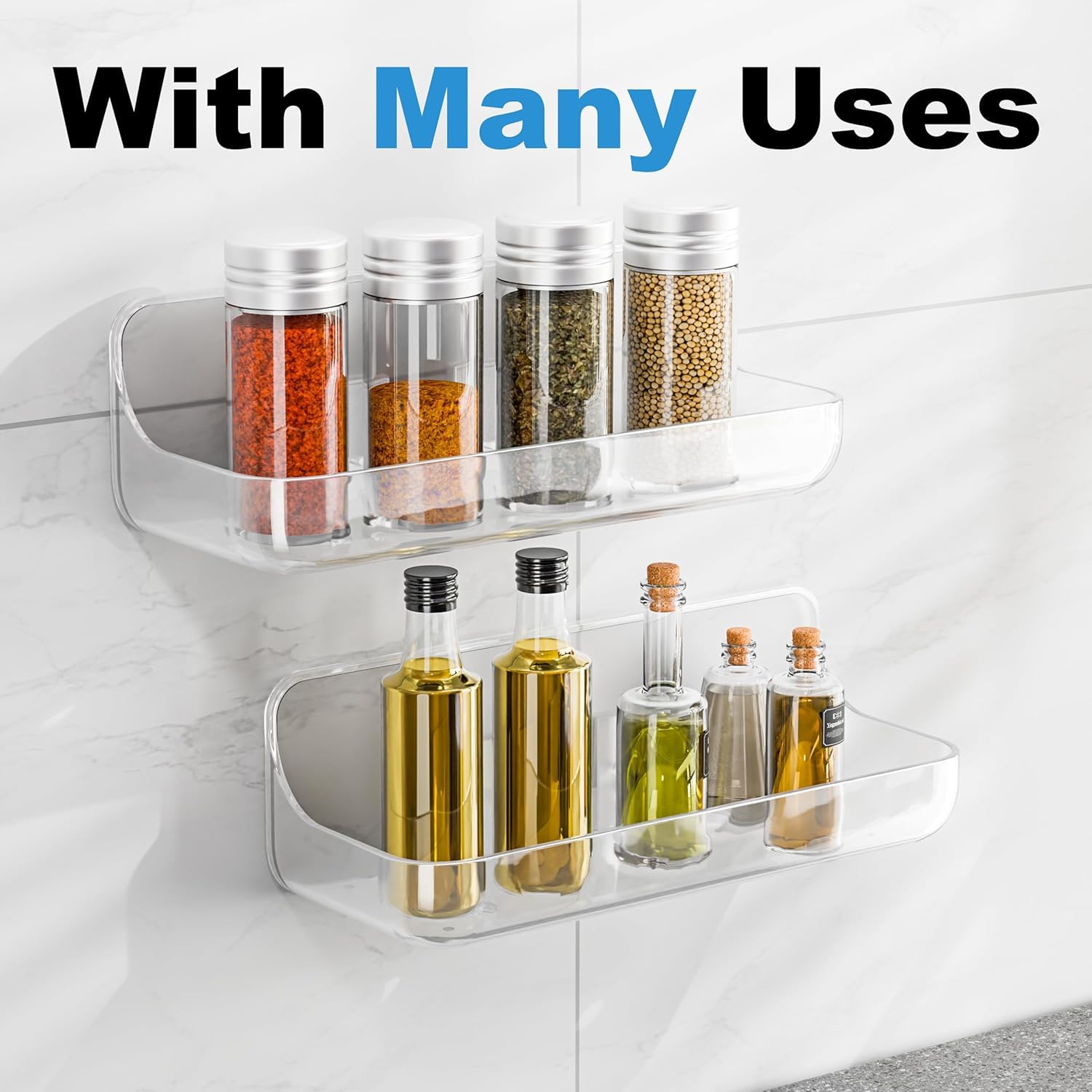 Kawfle Adhesive Shower Caddy, 4 Pack Acrylic Bathroom Shelves, No Drill Wall Mount Organizer Storage Shelf