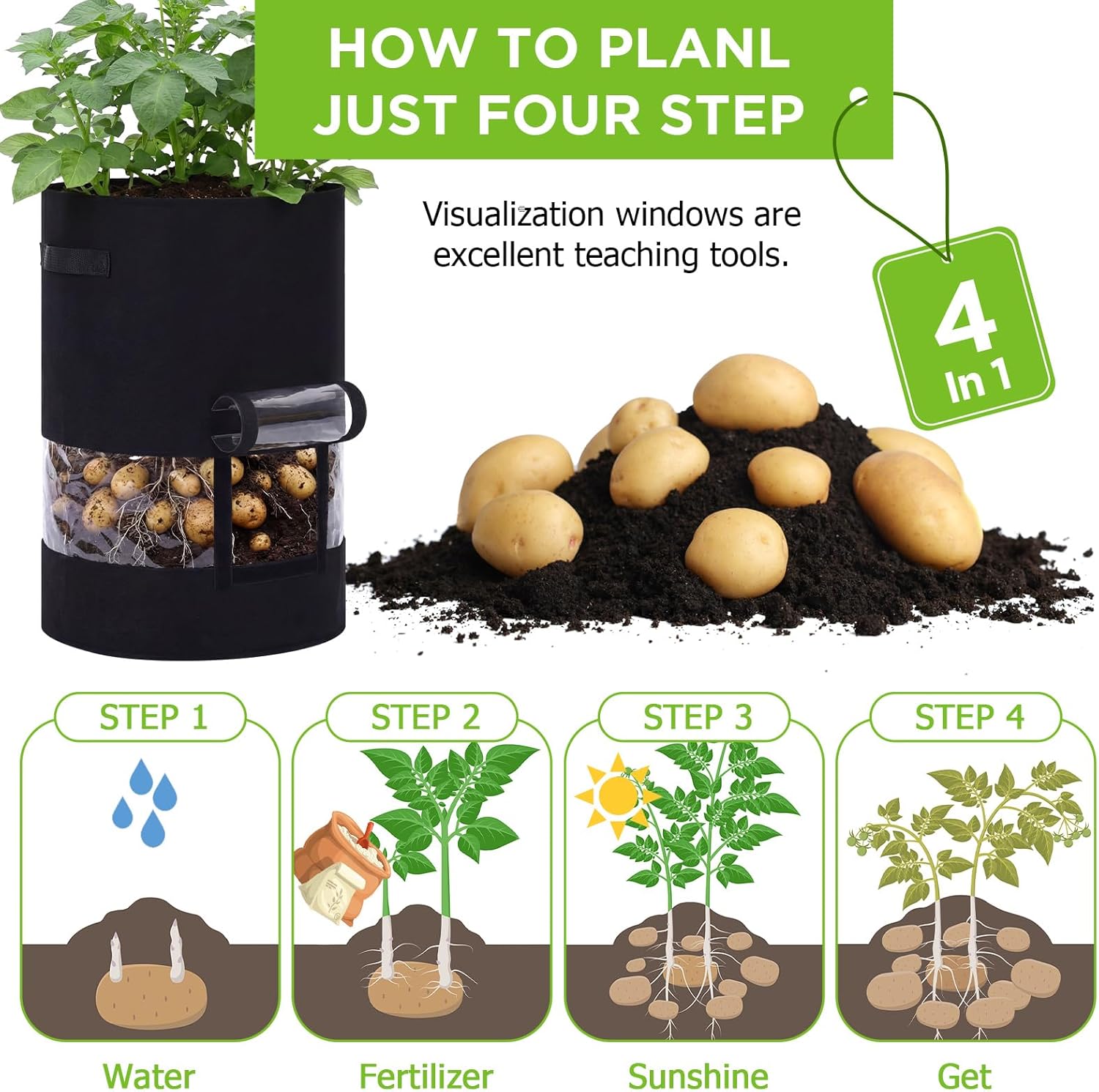 Baderke 30 Gallon Potato Grow Bags - 360° Visibility with Harvest Window & Handles | Black, Perfect for Tomatoes & Vegetables
