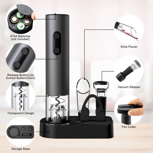 COKUNST Electric Wine Opener, 4-in-1 Wine Bottle Opener Set with Base, Cordless Automatic Battery Operated Corkscrew with Foil Cutter, Pour, Vacuum Stoppers, Gift for Home Party, Staninless Steel