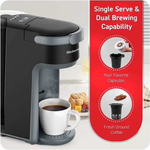 Elite Gourmet EHC323X Rapid Brew Technology 2-in-1 Capsule Coffee Maker, 6~12oz Brewing Capacity, K-Cups and Grounds, Adjustable Mug Height, Reusable Filter, Black
