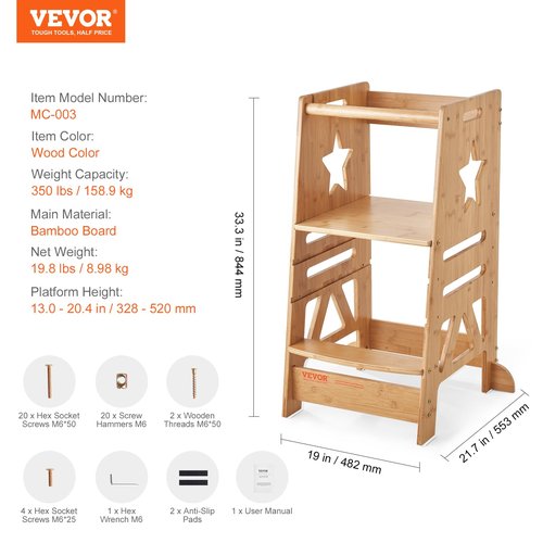 VEVOR Tower Step Stool, 3-Level Height Adjustable Toddler Step Stools for Kids, Bamboo Kitchen Stool, Kids Standing Tower Learning Stool with Safety Rail for Kitchen Counter Bathroom, 350LBS