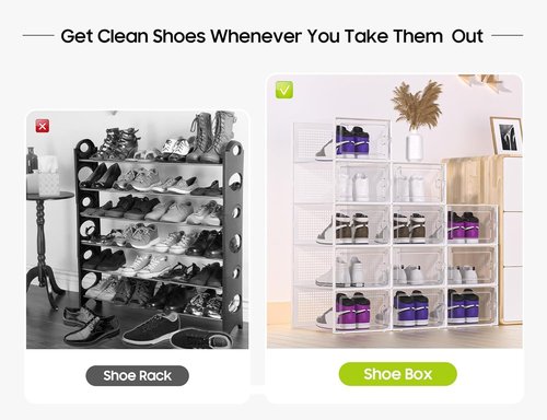 Kuject X-Large Shoe Storage Boxes - Clear Plastic Stackable Organizers | 12 Pack for Sneakers & Toys - Grey